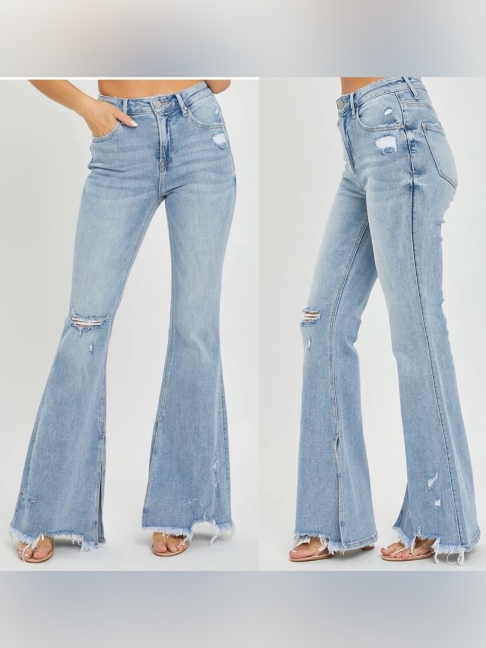 Risen High-Rise Flared Light Wash Split Hem Fray Hem Distressed Denim Jeans 29/9